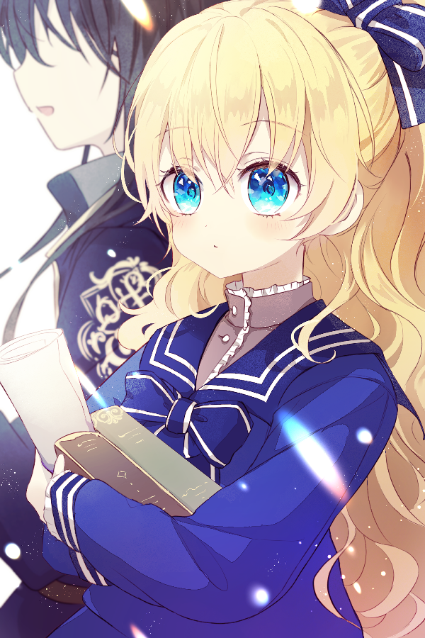 1boy 1girl aruhi_ohimesama_ni_natteshimatta_ken_ni_tsuite athanasia_de_alger_obelia bangs black_hair black_jacket blonde_hair blue_bow blue_eyes blue_jacket blue_sailor_collar blush book bow brown_shirt character_request closed_mouth commentary_request eyebrows_visible_through_hair faceless faceless_male frilled_shirt frills hair_between_eyes hair_bow jacket long_hair long_sleeves looking_at_viewer object_hug ponytail sailor_collar shirt sleeves_past_wrists striped striped_bow very_long_hair white_background yuizayomiya