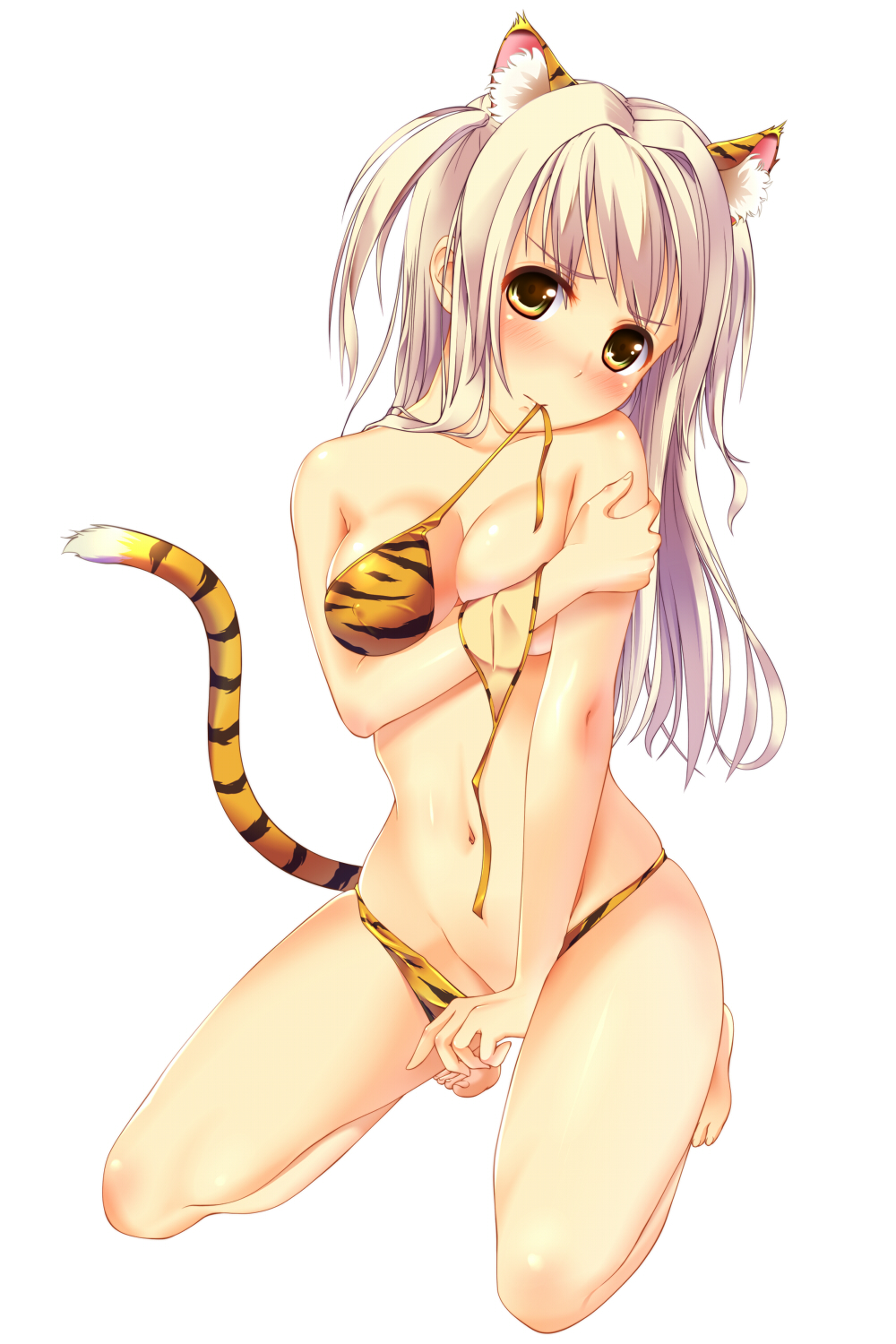 animal_ears barefoot bikini bikini_in_mouth blonde_hair blush breast_squeeze breasts covered_nipples highres kneeling large_breasts long_hair mouth_hold navel new_year original solo supertie swimsuit tail tiger_ears tiger_tail untied yellow_eyes