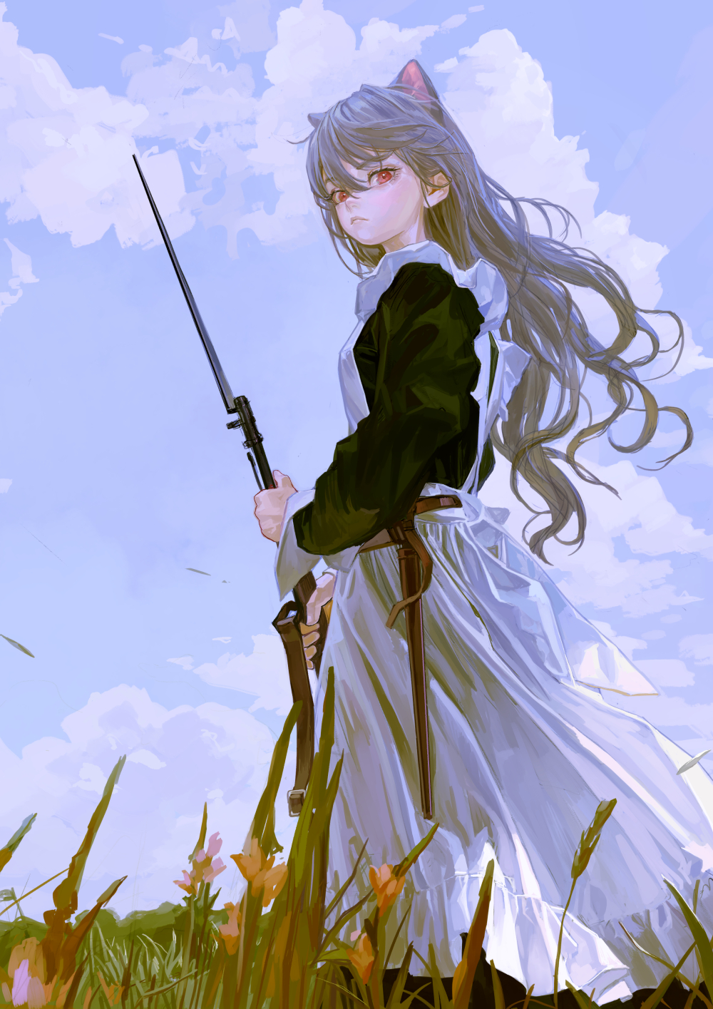 1girl animal_ears apron bangs bayonet belt black_dress blue_sky cat_ears cat_girl cloud dress feet_out_of_frame feiqizi_(fkey) field fkey flower frown grass gun hair_between_eyes highres holding holding_gun holding_weapon long_hair looking_at_viewer maid maid_apron original red_eyes rifle sheath sky sleeve_cuffs solo standing strap swept_bangs unsheathed weapon