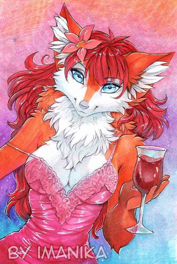 2023 5_fingers anthro blue_eyes breasts brown_body brown_fur canid canine clothed clothing dress eyebrows eyelashes female fingers fox fur hair imanika looking_at_viewer mammal red_hair smile traditional_media_(artwork)