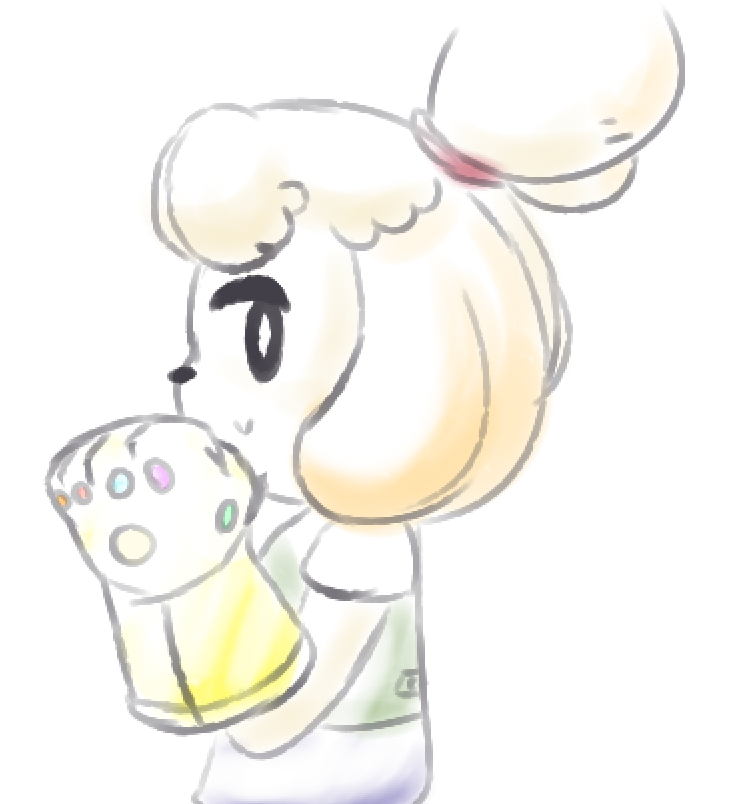 2019 animal_crossing anthro canid canine canis clothed clothing domestic_dog female fully_clothed fur furfnsfw hair infinity_gauntlet isabelle_(animal_crossing) looking_at_viewer mammal marvel nintendo shih_tzu side_view simple_background smile solo standing threatening_aura toy_dog white_background yellow_body yellow_fur