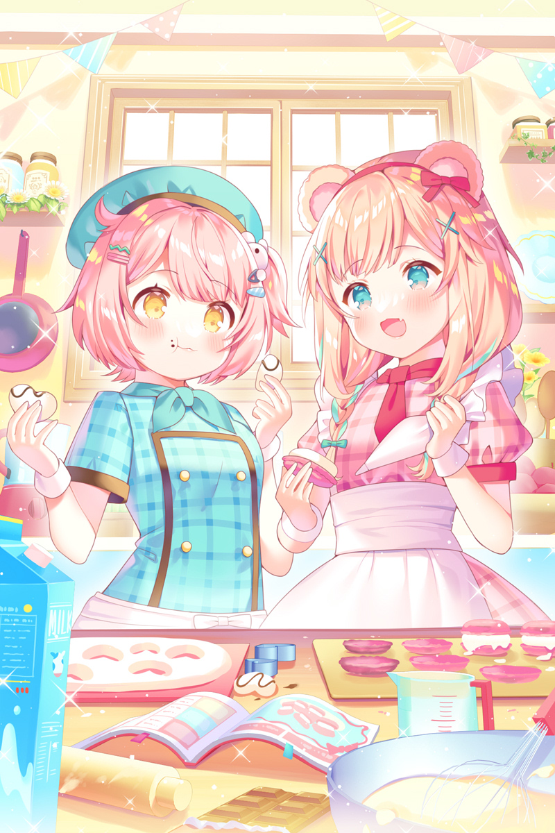 2girls :d :t animal_ears apron bear_ears beret blue_headwear blue_shirt blush bow braid closed_mouth commentary_request dress ear_bow fang food food_on_face frilled_apron frills hair_ornament hair_over_shoulder hairband hanamaru_chiyo hat highres holding holding_food ikari_(aor3507) indie_virtual_youtuber indoors light_brown_hair long_sleeves low_twintails macaron mixing_bowl multiple_girls nonokuma_bikori official_art pastry_bag pink_dress pink_hair plaid plaid_dress plaid_shirt puffy_short_sleeves puffy_sleeves red_bow red_hairband shirt short_sleeves smile twin_braids twintails virtual_youtuber wavy_mouth whisk white_apron window x_hair_ornament