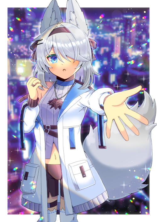 1girl :o animal_ear_fluff animal_ear_legwear animal_ears bangs bare_shoulders black_shorts blue_eyes blurry blurry_background breasts commentary_request commission copyright_request crop_top depth_of_field grey_hair grey_shirt hair_over_one_eye jacket kou_hiyoyo long_sleeves looking_at_viewer midriff navel off_shoulder open_clothes open_jacket outstretched_arm parted_lips puffy_long_sleeves puffy_sleeves ribbed_shirt ribbon-trimmed_legwear ribbon_trim shirt short_shorts shorts skeb_commission sleeveless sleeveless_shirt small_breasts solo tail thighhighs white_jacket white_thighhighs