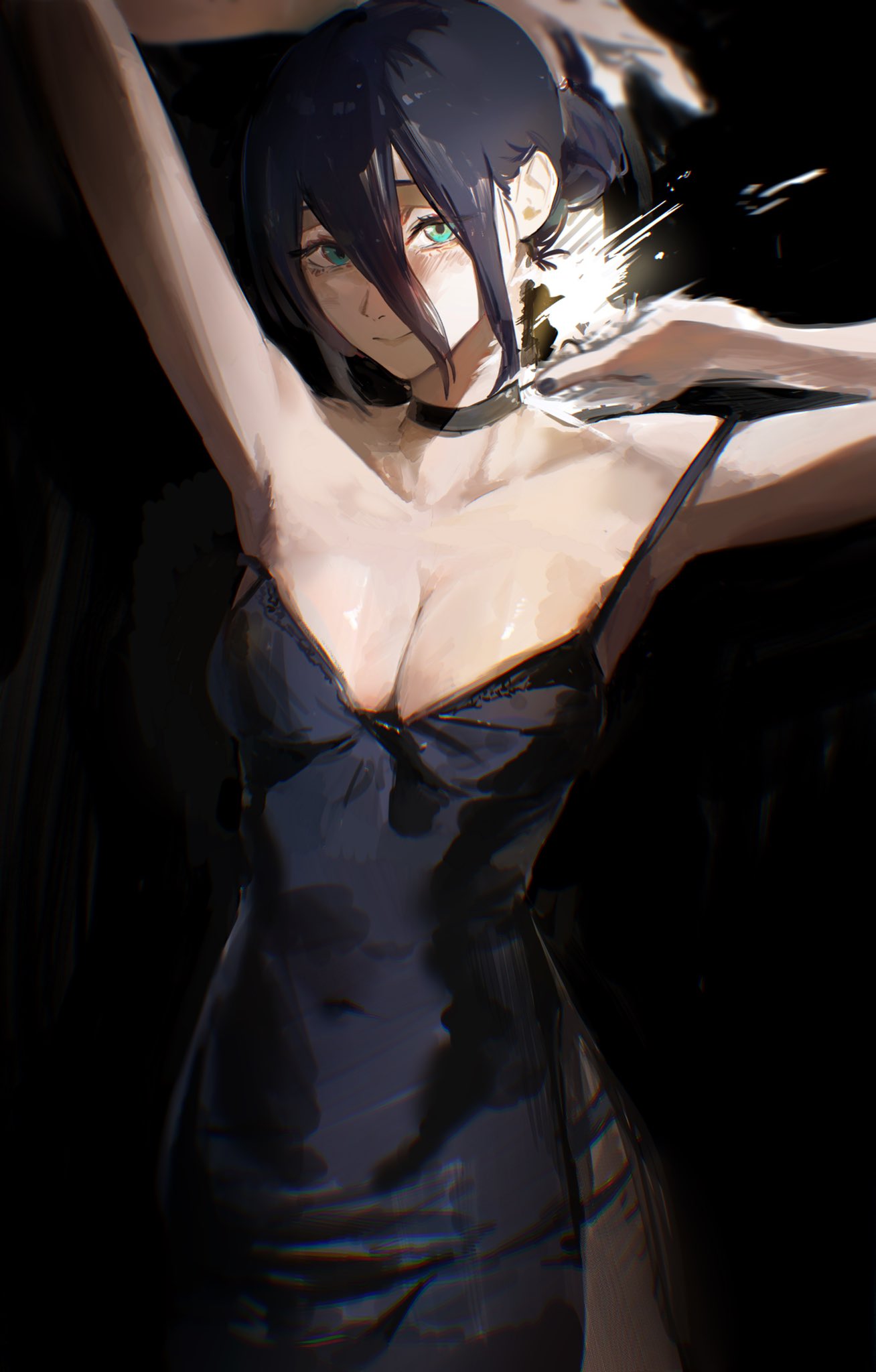 1girl arms_up bangs black_background black_choker black_dress black_hair blue_eyes breasts chainsaw_man choker cleavage dark_background dress explosion hair_between_eyes hair_bun highres looking_at_viewer medium_breasts off_shoulder reze_(chainsaw_man) short_hair simple_background single_hair_bun solo spaghetti_strap yode