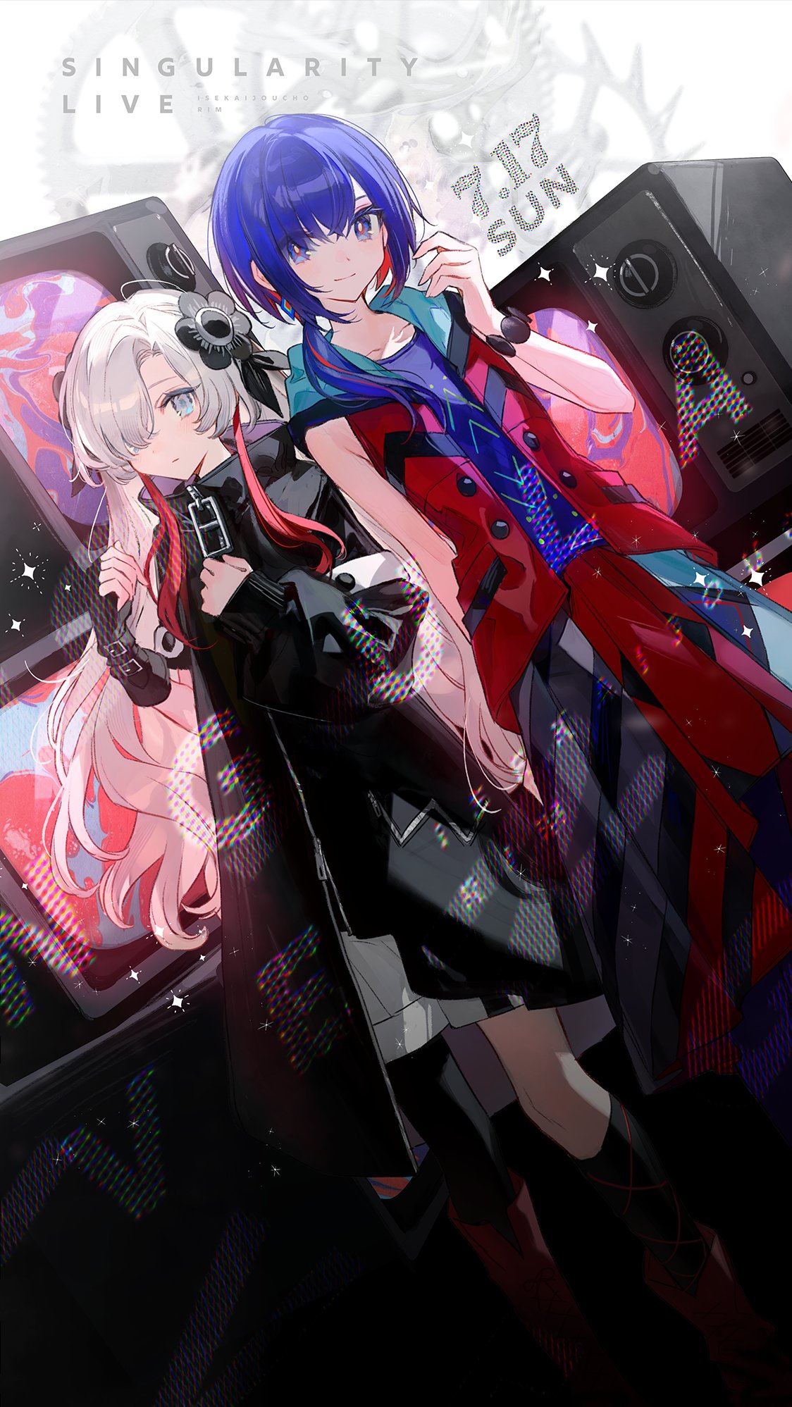 2girls asymmetrical_footwear asymmetrical_sleeves black_coat black_flower blue_eyes blue_hair blush chocoan coat colored_inner_hair commentary_request dress earrings expressionless feet_out_of_frame fingerless_gloves flower gears gloves hair_flower hair_ornament hair_over_one_eye hair_over_shoulder highres hood hood_down hooded_jacket isekai_joucho jacket jewelry kamitsubaki_studio long_hair looking_at_viewer multicolored_eyes multicolored_hair multiple_girls open_clothes open_jacket ponytail red_hair red_jacket rim_(kamitsubaki_studio) shorts single_fingerless_glove sleeveless sleeveless_jacket smile television two-tone_hair uneven_sleeves virtual_youtuber white_eyes white_hair yellow_pupils