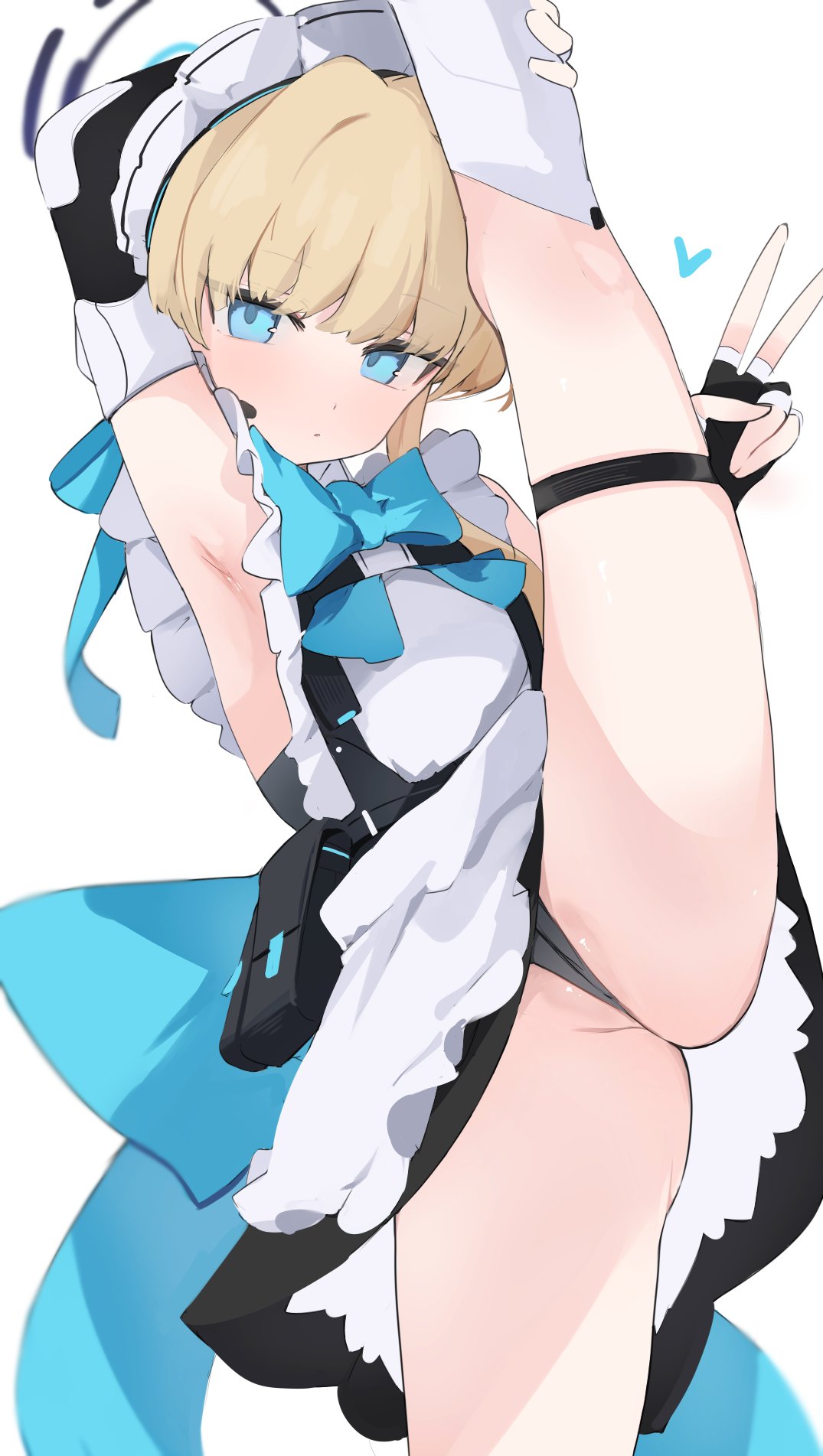 1girl armpits bangs black_leotard blonde_hair blue_archive blue_bow blue_bowtie blue_eyes blue_ribbon blunt_bangs bow bowtie chest_harness closed_mouth dress elbow_gloves expressionless gloves groin hair_ribbon halo harness highres leg_hold leg_lift leg_up leotard long_hair looking_at_viewer maid_headdress mikozin ribbon simple_background sleeveless_turtleneck_leotard solo split standing standing_on_one_leg standing_split thigh_strap toki_(blue_archive) white_background