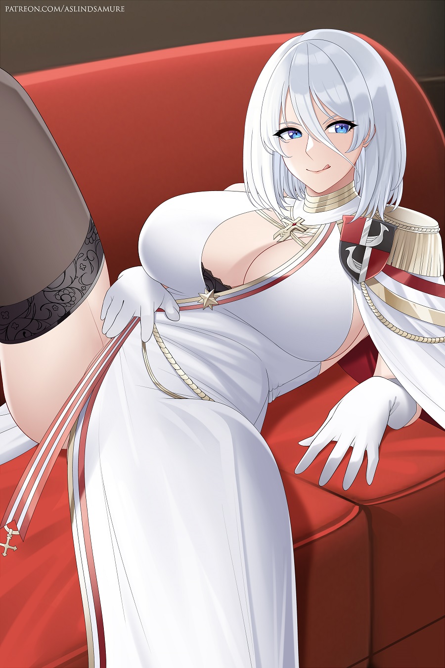 1girl adapted_costume alternate_breast_size aslind_samure azur_lane black_bra black_thighhighs blue_eyes bra bra_peek breasts cleavage commentary couch english_commentary epaulettes gloves hair_between_eyes highres huge_breasts licking_lips lying official_alternate_costume on_back on_couch patreon_username short_hair sideboob smile spread_legs thighhighs tirpitz_(azur_lane) tirpitz_(iron_blood_snowstorm)_(azur_lane) tongue tongue_out underwear white_gloves white_hair