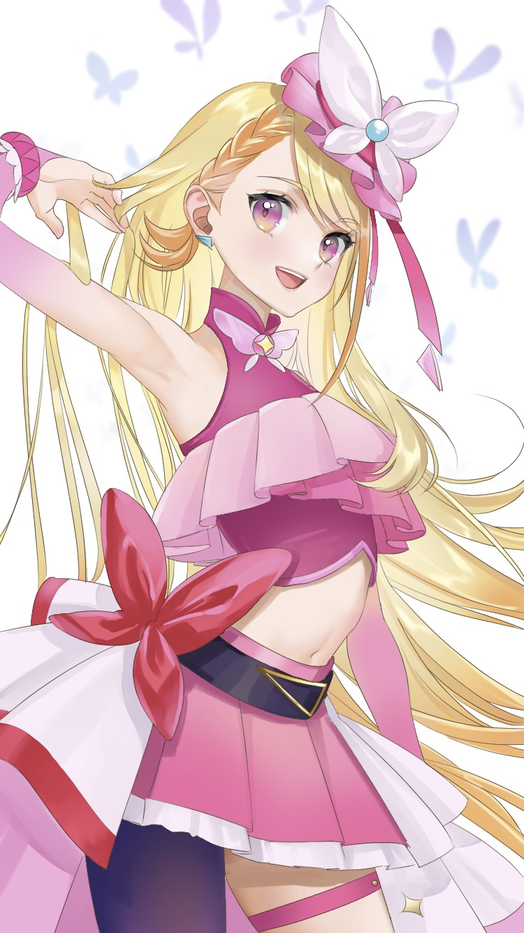 1girl :d bad_anatomy bad_arm belt_bow blonde_hair braid breasts brooch butterfly_hat_ornament cure_butterfly earrings gyaru hat_ornament highres hirogaru_sky!_precure jewelry long_hair magical_girl midriff navel pink_headwear pink_skirt precure purple_eyes shioremon single_leg_pantyhose skirt small_breasts smile standing thigh_strap very_long_hair white_background wing_brooch