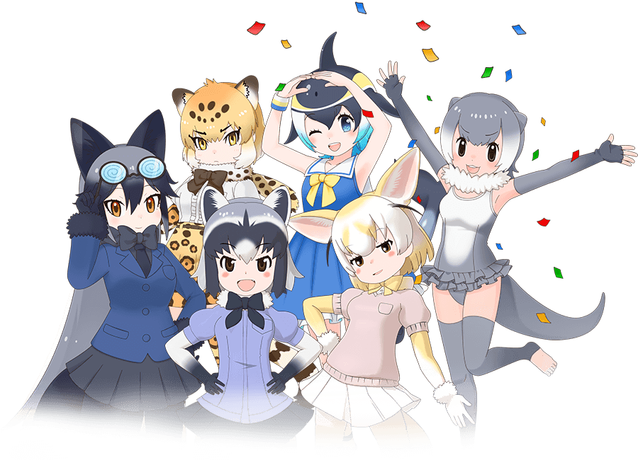 6+girls animal_ears black_eyes black_hair blonde_hair blue_eyes bow bowtie closed_mouth common_dolphin_(kemono_friends) common_raccoon_(kemono_friends) extra_ears fennec_(kemono_friends) glasses grey_hair jaguar_(kemono_friends) kemono_friends kemono_friends_3 long_hair looking_at_viewer multiple_girls official_art one_eye_closed open_mouth short_hair silver_fox_(kemono_friends) small-clawed_otter_(kemono_friends) smile tail transparent_background yellow_eyes