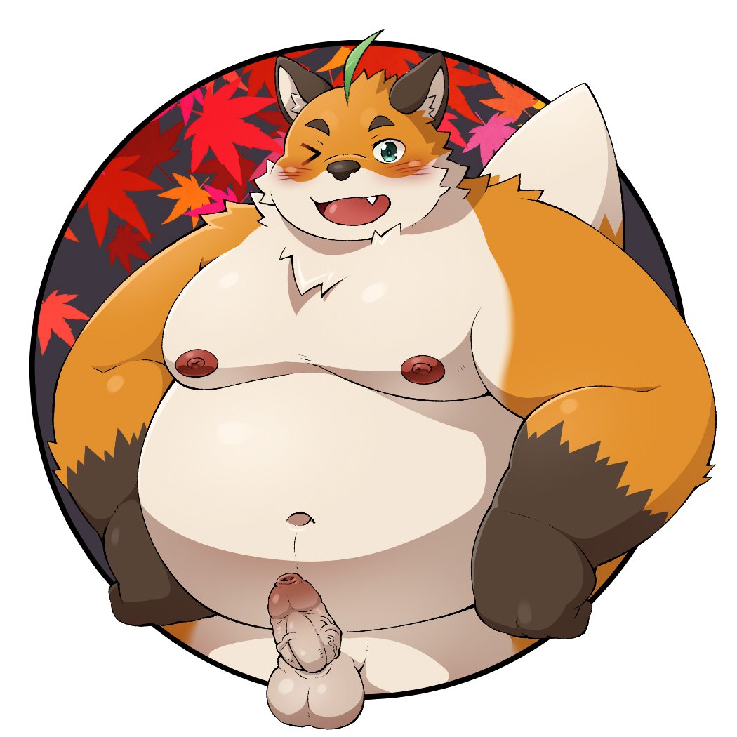 2023 anthro balls belly big_belly blush canid canine cute_fangs erection fox genitals iyo_(tamacolle) kemono male mammal moobs navel nipples one_eye_closed overweight overweight_male penis pomupomu490 solo tamacolle wink