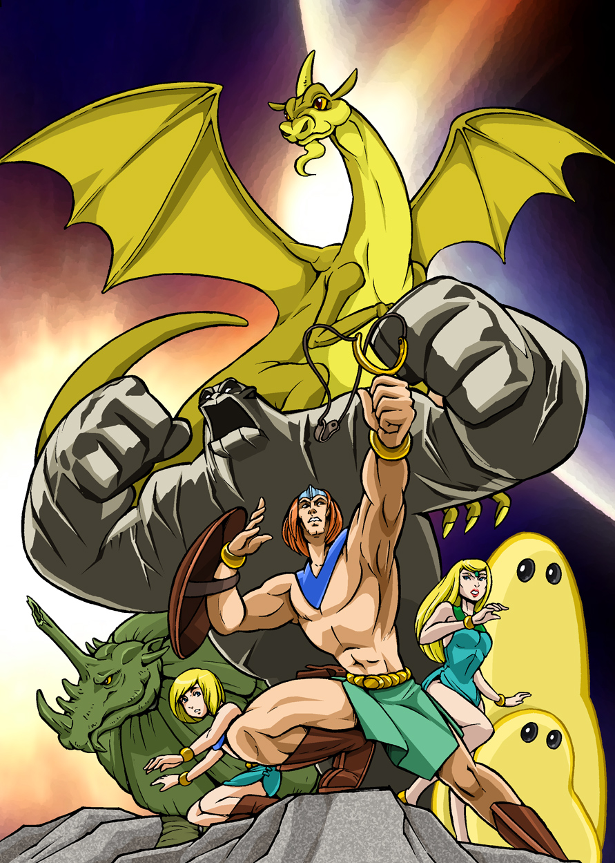 1girl 2boys blonde_hair boots bracelet brown_footwear brown_hair clenched_hands commentary_request dorno_(the_herculoids) dragon dragon_wings dress family father_and_son gleep_(the_herculoids) gloop_(the_herculoids) gorilla green_dress highres holding_slingshot husband_and_wife igoo_(the_herculoids) jewelry lim long_hair monster mother_and_son multiple_boys open_mouth outdoors rhinoceros shield short_hair slime_(creature) slingshot standing tara_(the_herculoids) the_herculoids topless_male tundro_(the_herculoids) wings zandor_(the_herculoids) zok_(the_herculoids)