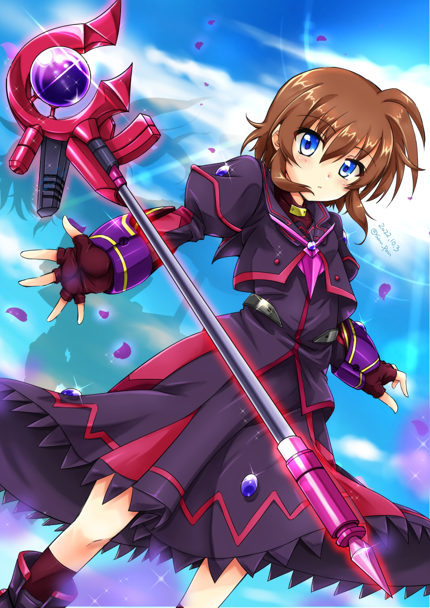 1girl artist_name black_dress blue_eyes blush brown_gloves brown_hair dated dress fingerless_gloves gloves highres looking_at_viewer lyrical_nanoha magical_girl mahou_shoujo_lyrical_nanoha_innocent open_mouth san-pon shiny_skin short_hair sky solo staff stern_starks