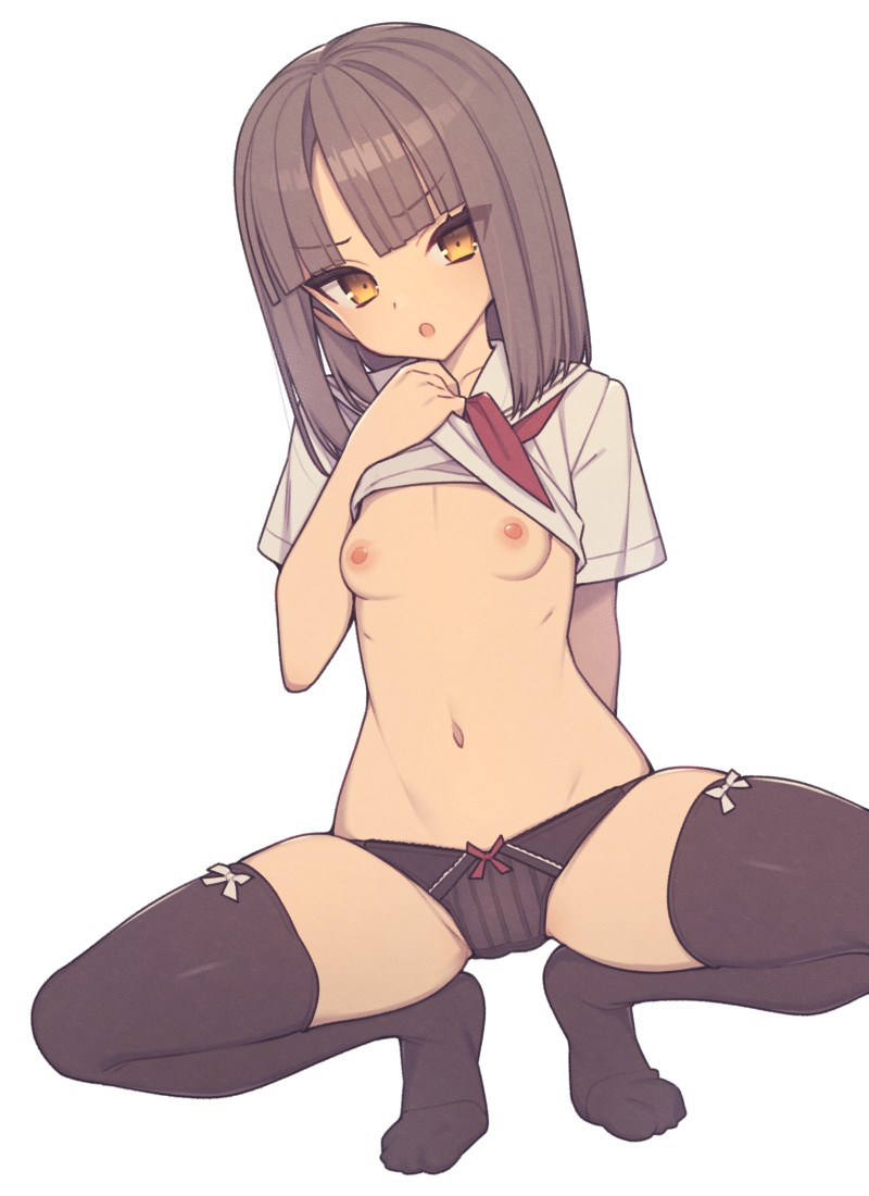 1girl black_panties black_thighhighs bow bow_legwear bow_panties breasts brown_hair clothes_lift everyntrge full_body lifted_by_self light_blush looking_at_viewer medium_hair navel neckerchief no_shoes open_mouth original panties red_neckerchief sailor_collar shirt shirt_lift short_sleeves simple_background small_breasts solo squatting thighhighs underwear white_background white_shirt yellow_eyes