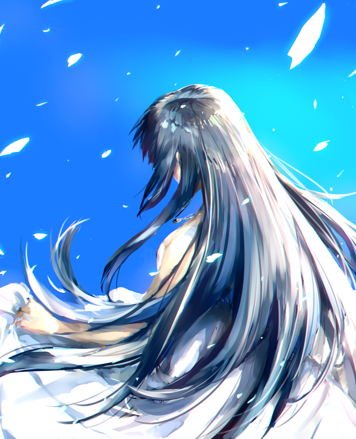 1girl black_hair blue_background breasts dress falling_petals from_side gensou_suikoden ikunosake jewelry long_hair necklace petals simple_background solo viki_(suikoden) white_dress