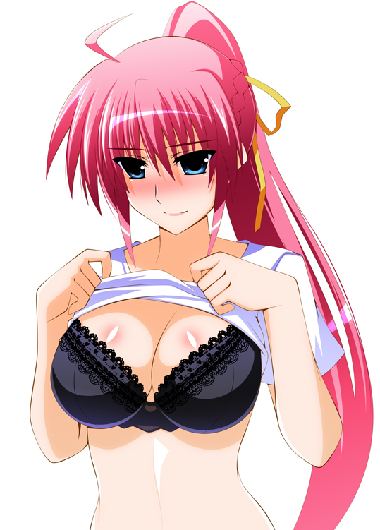 1girl black_bra blue_eyes blush bra braid breasts cleavage closed_mouth clothes_lift engo_(aquawatery) hair_ribbon large_breasts lifted_by_self lingerie long_hair lyrical_nanoha mahou_shoujo_lyrical_nanoha mahou_shoujo_lyrical_nanoha_a's mahou_shoujo_lyrical_nanoha_strikers pink_hair ponytail ribbon shirt shirt_lift signum simple_background smile solo underwear white_background white_shirt