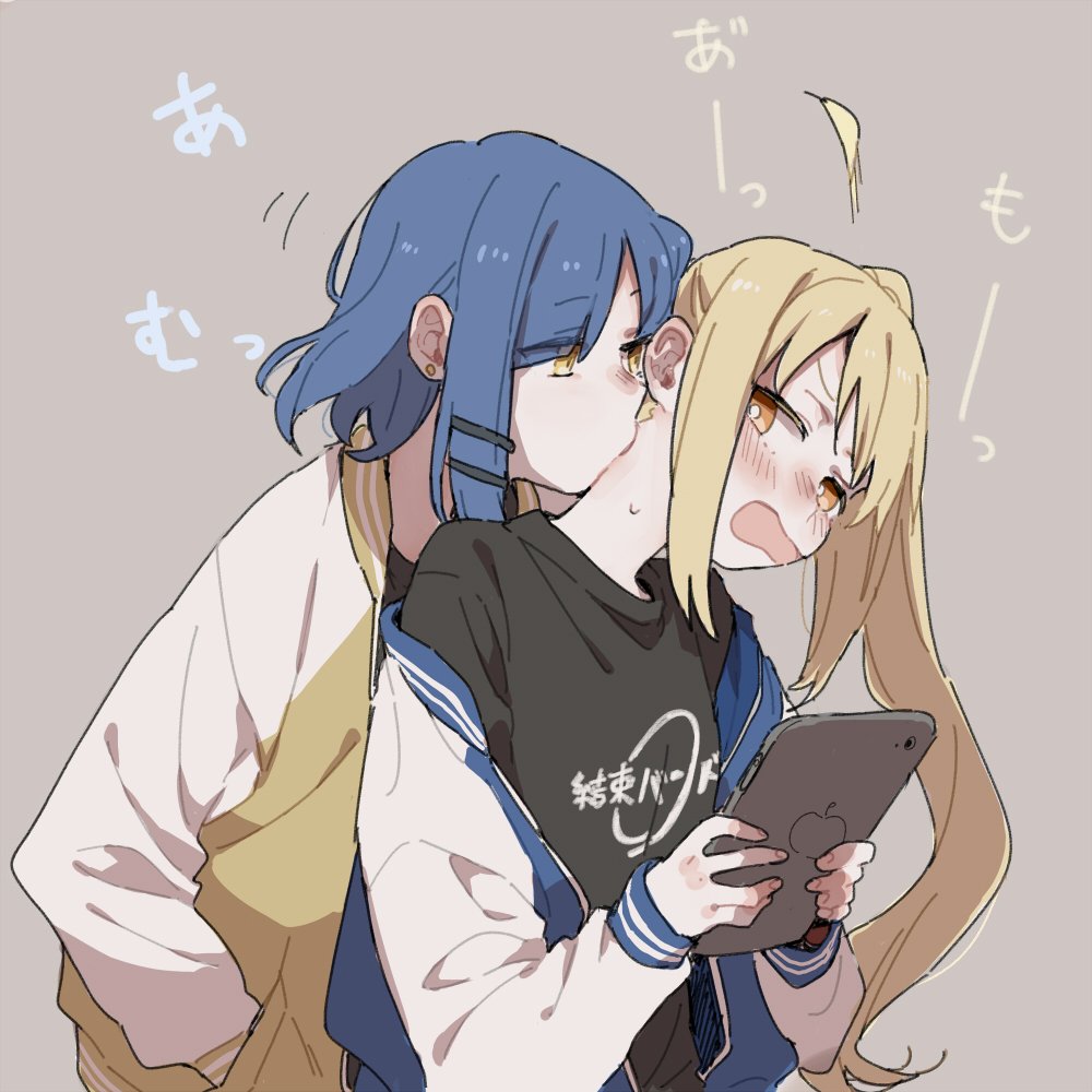 2girls ahoge bangs black_shirt blonde_hair blue_hair blush bocchi_the_rock! brown_background earrings hair_ornament hand_in_pocket holding holding_tablet_pc ijichi_nijika jacket jewelry kiss kissing_neck long_hair long_sleeves looking_at_another motion_lines multiple_girls off_shoulder open_mouth parted_bangs ree_(re-19) shirt short_hair side_ponytail sidelocks stud_earrings sweatdrop tablet_pc upper_body yamada_ryou yellow_eyes yuri