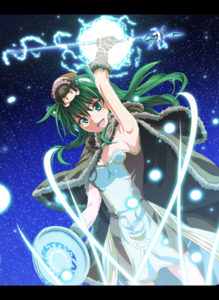 1girl armpits bangs blush breasts brown_cape brown_dress brown_gloves cape commentary_request cowboy_shot doll_on_head dress fur-trimmed_cape fur-trimmed_gloves fur_trim gloves green_eyes green_hair hair_between_eyes high_wizard_(ragnarok_online) holding holding_staff layered_dress letterboxed long_hair looking_at_viewer looking_down magic medium_breasts open_mouth ragnarok_online short_dress smile solo staff strapless strapless_dress two-tone_dress white_dress wrwr