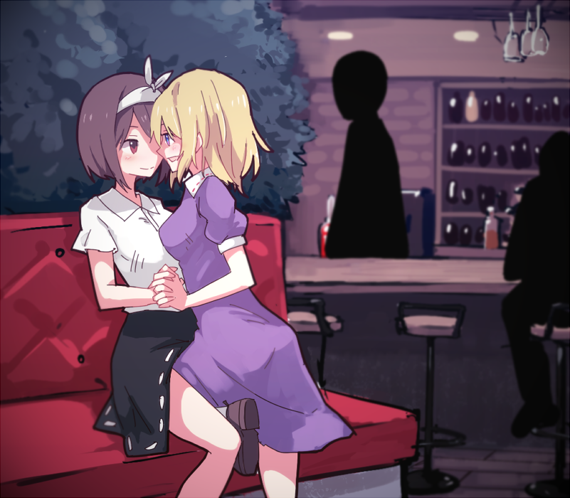 2girls 2others bar_stool black_skirt blonde_hair bottle breasts brown_hair bush couch cup dateless_bar_"old_adam" dress drinking_glass from_behind indoors loafers maribel_hearn multiple_girls multiple_others purple_dress purple_eyes red_eyes shiroshi_(denpa_eshidan) shirt shoes short_hair silhouette skirt stool touhou usami_renko white_shirt wine_glass yuri