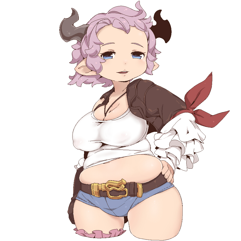 1girl bangs blue_eyes breasts cleavage commentary_request covered_nipples cowboy_shot cropped_legs granblue_fantasy hand_on_hip horns jaggy_lines karva_(granblue_fantasy) large_breasts long_sleeves looking_at_viewer medium_hair midriff muffin_top navel omiya_(louise-louis-lucille) parted_lips pink_hair plump pointy_ears puffy_nipples simple_background single_bare_shoulder solo tareme thick_thighs thighs white_background