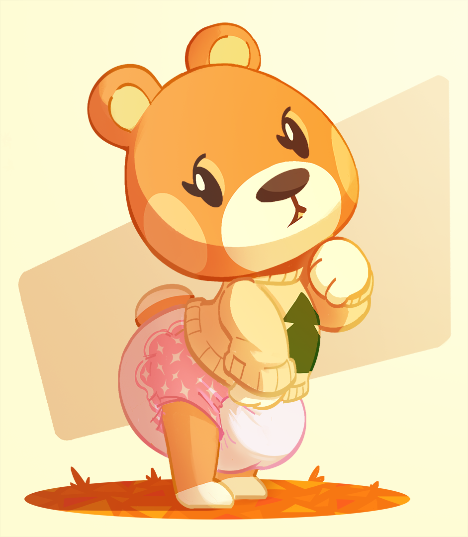 animal_crossing anthro autumn bear clothing diaper female grass indigoanonymous long_sleeves looking_back mammal maple_(animal_crossing) nintendo paw_on_chin paws plant solo standing sweater topwear