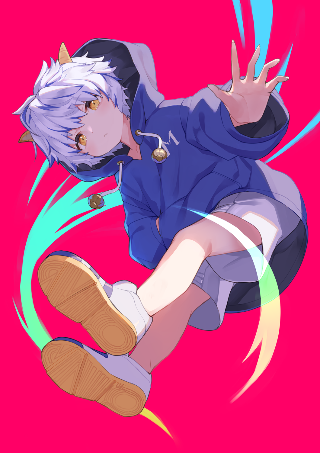 1boy bangs blue_hoodie closed_mouth colored_shoe_soles drawstring floating from_below full_body hand_in_pocket highres hood hoodie horns indie_virtual_youtuber long_sleeves looking_at_viewer male_focus miutsutsu_yuri outstretched_arm pink_background shindou_kamichi shoe_soles shoes short_hair shorts solo virtual_youtuber white_footwear white_hair white_shorts yellow_eyes