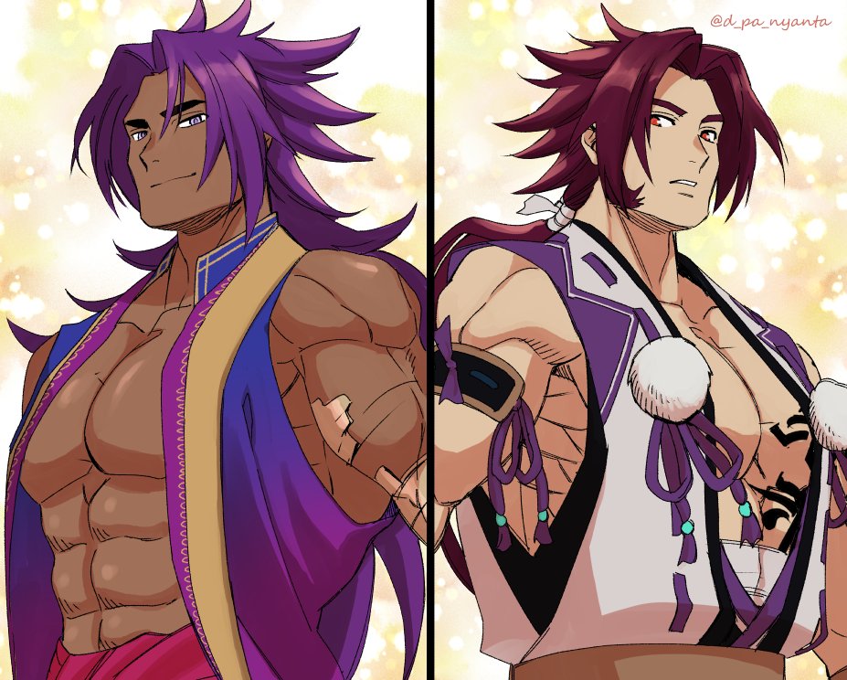 2boys bare_shoulders bhima_(fate) crossover dark-skinned_male dark_skin large_pectorals long_hair long_sideburns male_focus multiple_boys muscular muscular_male panya pectoral_cleavage pectorals ponytail purple_eyes purple_hair purple_vest red_hair sideburns simple_background smile tonbokiri_(touken_ranbu) touken_ranbu upper_body very_long_hair vest yellow_eyes