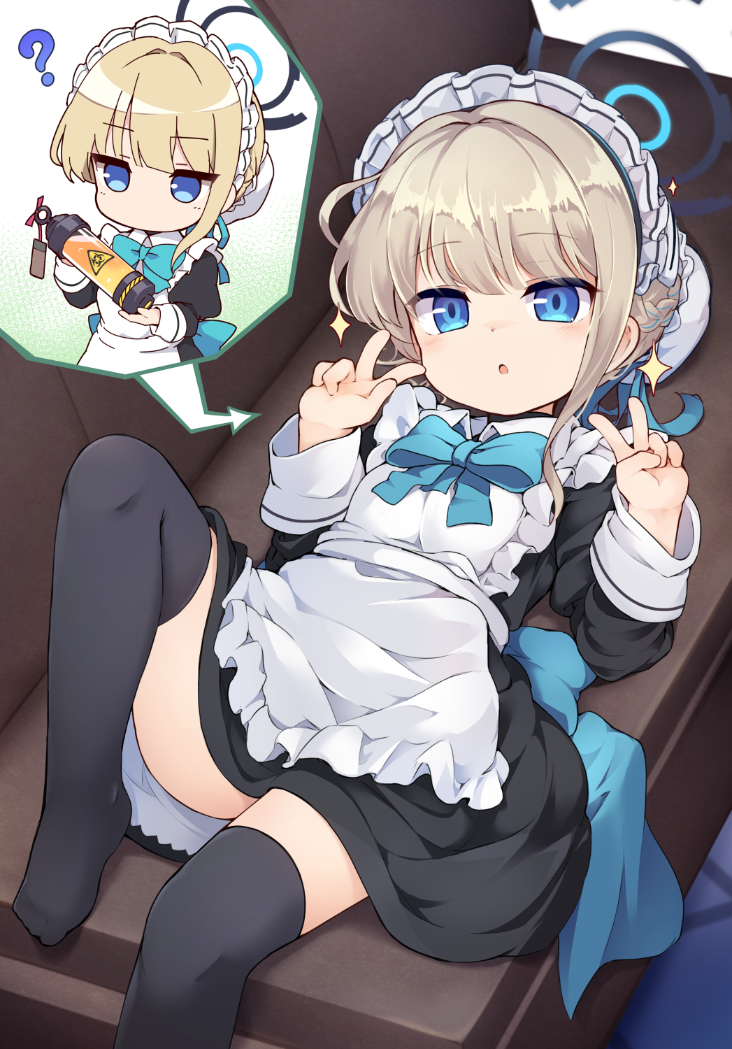 1girl ? aged_down apron baku-p bangs black_gloves blonde_hair blue_archive blue_bow blue_bowtie blue_eyes blue_ribbon blush bottle bow bowtie braid breasts bun_cover coach double_v elbow_gloves fingerless_gloves gloves hair_bun hair_ribbon halo hands_up highres juliet_sleeves long_sleeves looking_at_viewer lying maid_headdress multicolored_hair on_back open_mouth paid_reward_available parted_lips puffy_sleeves ribbon short_hair side_braid sparkle streaked_hair toki_(blue_archive) v white_apron