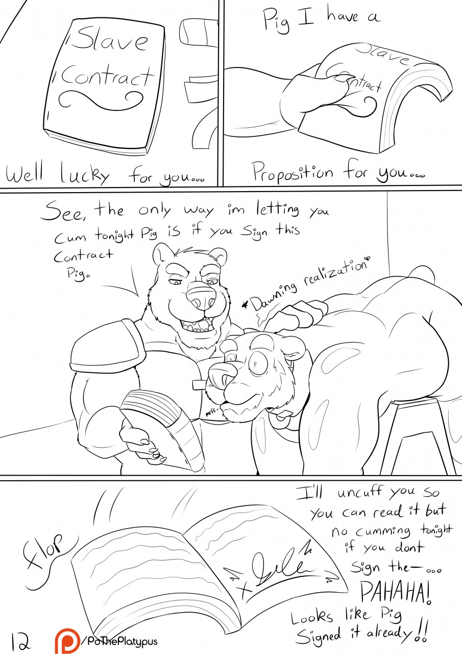 2019 age_difference anthro anthro_on_anthro bear beard clothing collar comic contract degradation dialogue dominant dominant_male duo english_text facial_hair father father_and_child father_and_son football_gear hi_res incest_(lore) laugh laughing_at male male/male mammal mature_male monochrome muscular muscular_male older_male overweight overweight_male parent parent_and_child plaguedobsession rubber rubber_clothing rubber_suit signed_document son submissive submissive_male text younger_male