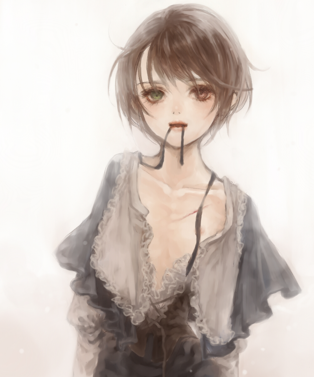 androgynous areolae brown_hair collarbone cuts eyelashes faux_traditional_media flat_chest heterochromia highres injury lips lipstick makeup mouth_hold nose rozen_maiden short_hair skinny solo souseiseki string untied yukishiro_(hitsuji)