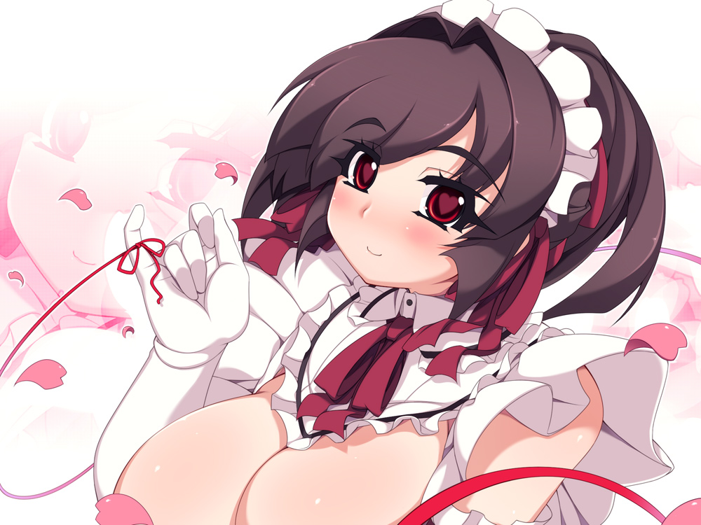 blush breasts brown_hair cleavage elbow_gloves gloves heart heart-shaped_pupils huge_breasts maid maid_headdress mel/a original red_eyes red_string saionji_mikoto solo string symbol-shaped_pupils thread white_gloves zoom_layer