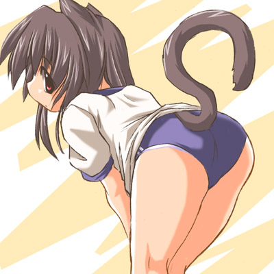 animal_ears ass bent_over black_hair buruma from_behind gym_uniform looking_back lowres original red_eyes solo tail tonpuu
