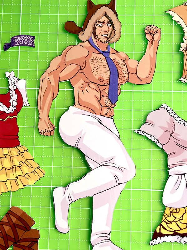 1boy abs ainu_clothes animal_ears animal_hood bara beard between_pectorals black_hair blush bulge buzz_cut chest_hair dress embarrassed facial_hair fake_animal_ears fox_ears fox_hood full_body golden_kamuy hood large_pectorals looking_at_viewer male_focus mature_male muscular muscular_male navel navel_hair necktie necktie_between_pectorals nipples nopinzo official_alternate_costume pants pectorals purple_dress purple_necktie red_dress running short_hair sideburns solo standing standing_on_one_leg stomach tanigaki_genjirou thick_eyebrows topless_male very_short_hair white_pants