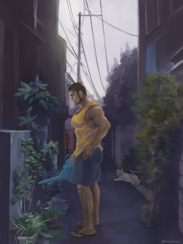 1boy arm_hair bara beard black_hair blue_shorts buzz_cut casual chest_hair covered_nipples facial_hair from_side full_body golden_kamuy hairy holding holding_watering_can large_pectorals leg_hair male_focus mature_male muscular muscular_male nopinzo painterly pectorals short_hair shorts sideburns solo tanigaki_genjirou tank_top thick_eyebrows very_short_hair watering watering_can yellow_tank_top