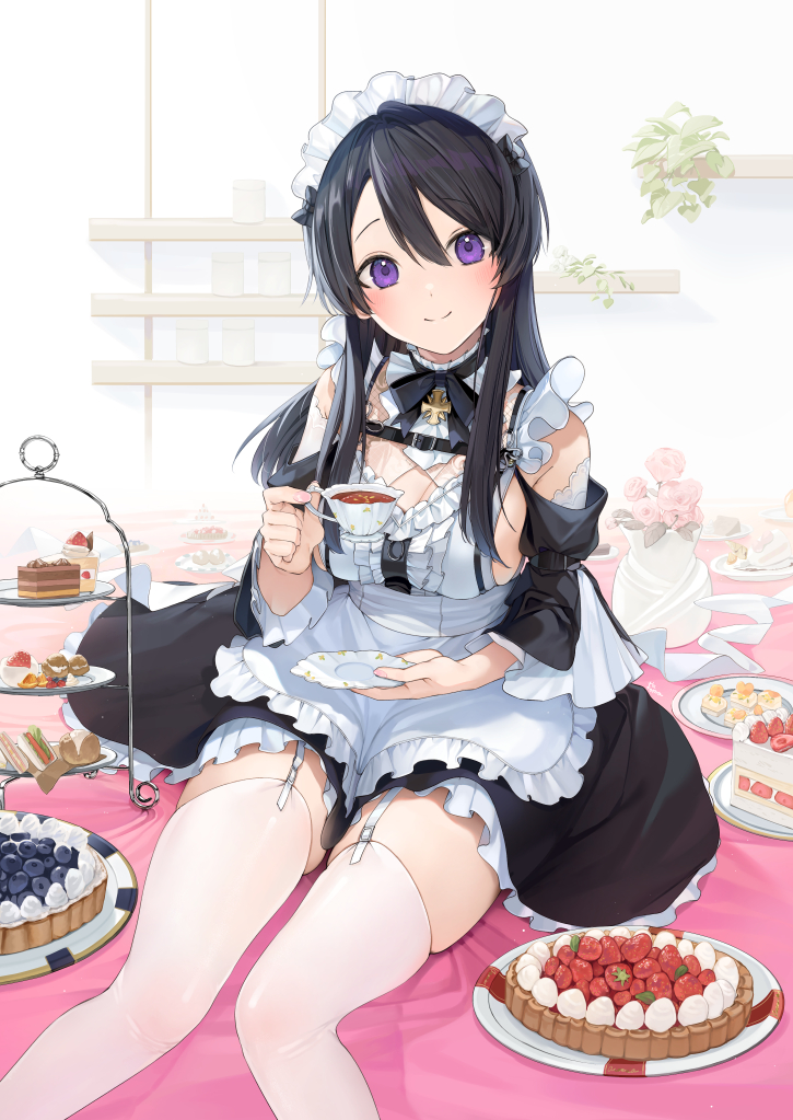 1girl apron bare_shoulders black_dress black_hair breasts cake cake_slice closed_mouth clothing_cutout cup dress food frilled_apron frills garter_straps holding holding_cup holding_saucer hu_kotora large_breasts long_hair long_sleeves looking_at_viewer maid maid_apron maid_headdress original purple_eyes saucer shoulder_cutout sideboob sitting skindentation smile solo teacup thighs tiered_tray zettai_ryouiki