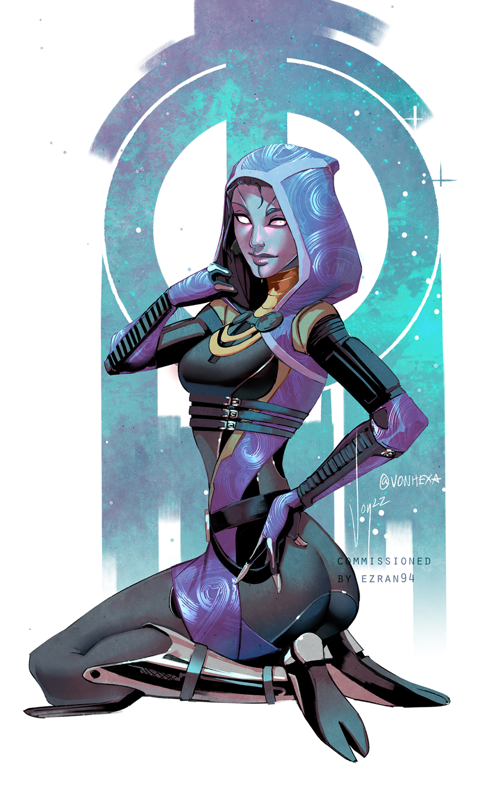 1girl 2022 alien ass black_bodysuit bodysuit breasts colored_sclera colored_skin commission english_commentary fewer_digits from_side hand_on_hip highres hood hood_pull hood_up hooded_bodysuit looking_at_viewer mass_effect_(series) mass_effect_3 medium_breasts purple_hair purple_sclera purple_skin quarian seiza short_hair signature sitting skin_tight solo tali'zorah twisted_torso twitter_username vontvirus white_eyes