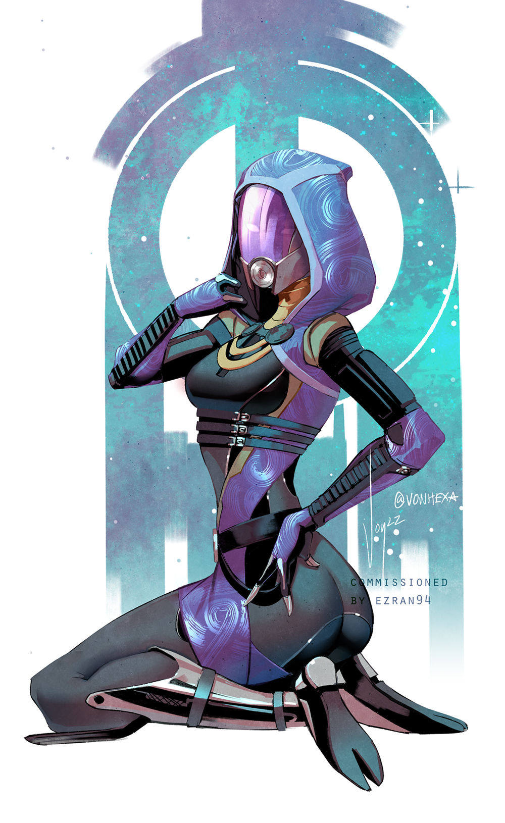 1girl 2022 alien ass black_bodysuit bodysuit breasts commission english_commentary fewer_digits from_side hand_on_hip highres hood hood_pull hood_up hooded_bodysuit looking_at_viewer mass_effect_(series) mass_effect_3 medium_breasts quarian seiza signature sitting skin_tight solo tali'zorah twisted_torso twitter_username vontvirus