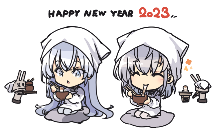 2023 2girls apron bandana bowl chopsticks chou-10cm-hou-chan_(fuyutsuki's) closed_eyes commentary_request cushion eating food fuyutsuki_(kancolle) grey_eyes grey_hair happy_new_year kantai_collection kappougi long_hair mochi multiple_girls nakadori_(movgnsk) one_side_up seiza simple_background sitting suzutsuki_(kancolle) white_background white_hair zabuton zouni_soup