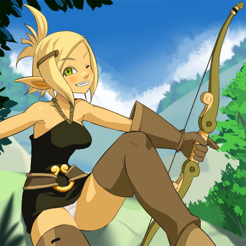 1girl bare_shoulders blonde_hair blush boots bow_(weapon) breasts dress elbow_gloves evangelyne_(wakfu) freckles gloves green_eyes hair_ornament haruyama_kazunori looking_at_viewer lowres one_eye_closed panties pointy_ears short_hair smile solo thigh_boots thighhighs tree underwear wakfu weapon