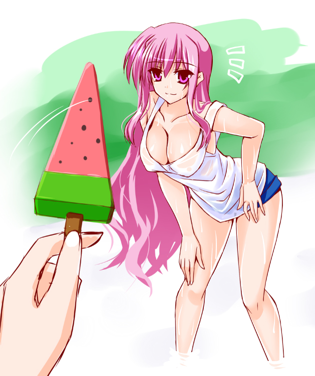 1girl blue_shorts blush breasts cleavage closed_mouth collarbone engo_(aquawatery) food kyrie_florian large_breasts leaning_forward long_hair lyrical_nanoha no_bra pink_eyes pink_hair popsicle shirt shorts smile solo very_long_hair white_shirt