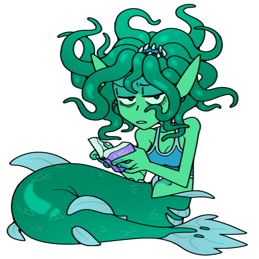 2022 book demon discount-supervillain female green_body green_skin head_mouth humanoid_pointy_ears marine merfolk pseudo_hair reading solo split_form tentacle_hair tentacles tired