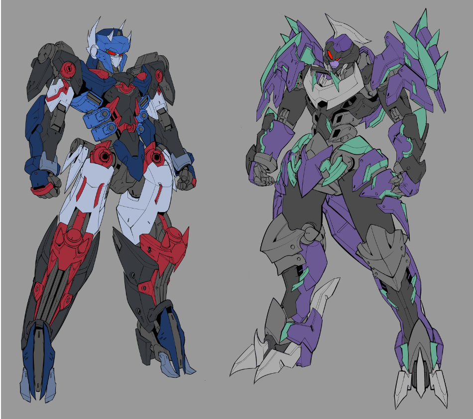 beast_wars beast_wars:_transformers chinese_commentary clenched_hands full_body grey_background leaning_back lingch looking_down maximal mecha megatron megatron_(beast_wars) no_humans optimus_primal predacon red_eyes redesign robot science_fiction transformers