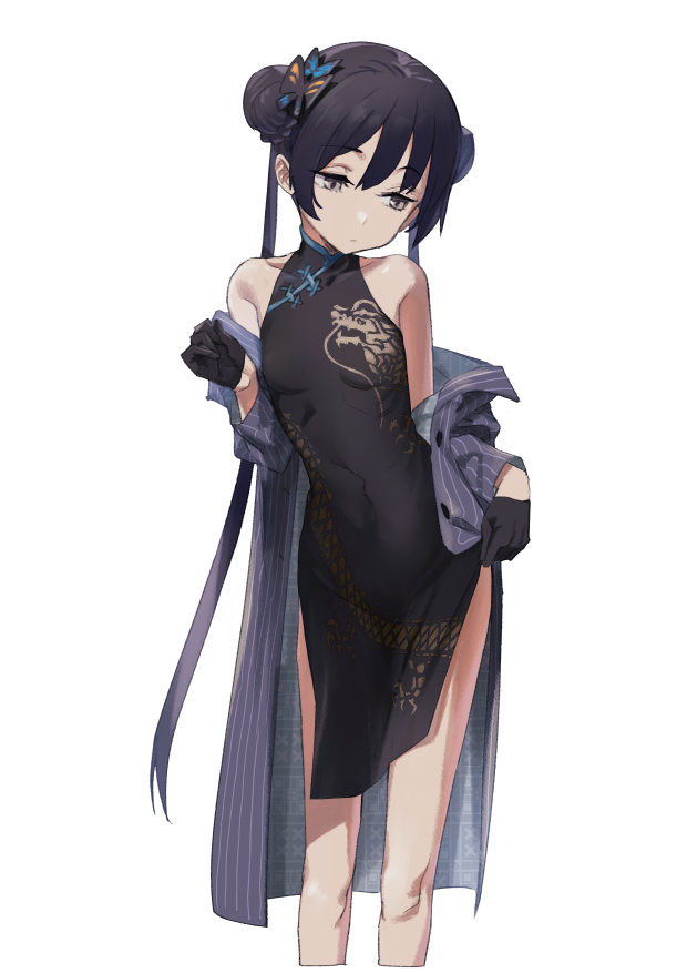 1girl bare_shoulders black_dress black_gloves blue_archive breasts china_dress chinese_clothes covered_navel dragon_print dress gloves grey_eyes grey_jacket jacket kisaki_(blue_archive) long_hair looking_to_the_side ningen_(ningen96) print_dress simple_background sleeveless sleeveless_dress small_breasts solo standing striped striped_jacket thighs twintails vertical-striped_jacket vertical_stripes white_background