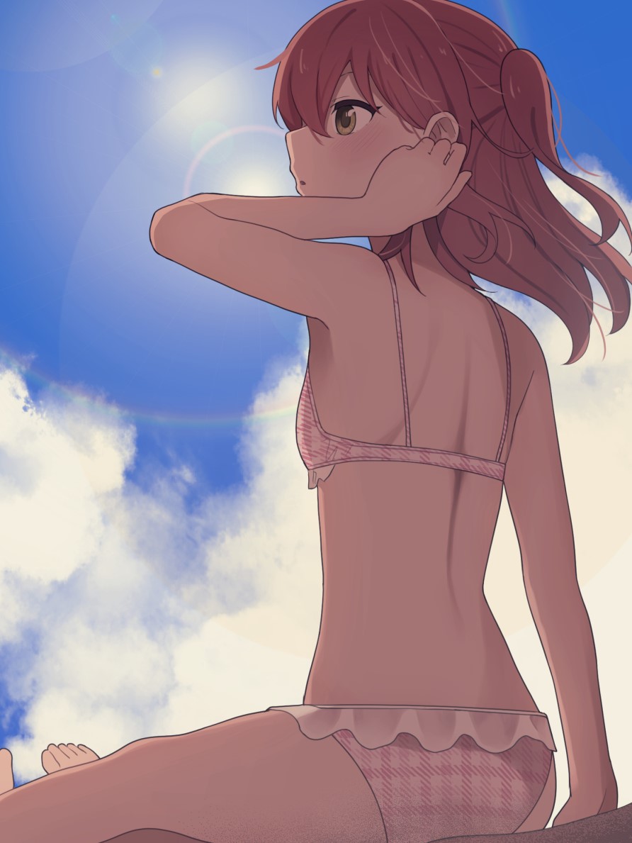 1girl adjusting_hair barefoot beach bikini blue_sky bocchi_the_rock! breasts cloud commentary_request green_eyes hair_between_eyes kita_ikuyo lens_flare long_hair looking_to_the_side on_floor one_side_up outdoors pink_bikini plaid plaid_bikini profile red_hair sand sitting sky small_breasts solo swimsuit tennosuke_(tejons) toes