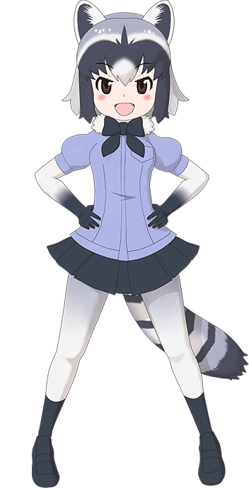 1girl animal_ears black_eyes bow bowtie common_raccoon_(kemono_friends) elbow_gloves extra_ears gloves grey_hair kemono_friends kemono_friends_3 looking_at_viewer official_art open_mouth pantyhose raccoon_ears raccoon_girl raccoon_tail shirt shoes short_hair skirt socks solo tail transparent_background