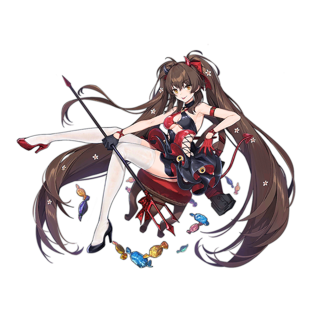 1girl :p asymmetrical_footwear asymmetrical_gloves black_choker black_dress black_footwear black_gloves bow breasts brown_hair candy choker criss-cross_halter demon_horns dress eyeball fake_horns flower food full_body girls'_frontline gloves hair_bow hair_flower hair_ornament halloween_costume halterneck holding_trident horns large_breasts long_hair looking_at_viewer nagu official_alternate_costume official_art on_stool polearm polka_dot polka_dot_bow qbz-97 red_armband red_bow red_dress red_footwear red_gloves simple_background sitting smile solo stool thighhighs tongue tongue_out transparent_background trident twintails two-tone_dress type_97_(girls'_frontline) type_97_(gretel_the_witch)_(girls'_frontline) very_long_hair weapon white_thighhighs yellow_eyes