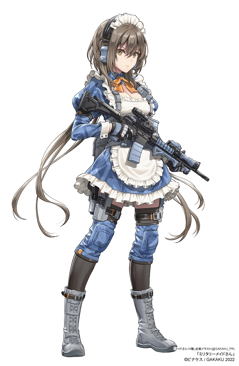 1girl apron assault_rifle bangs black_gloves black_hair black_thighhighs blouse blue_shirt blue_skirt boots bow bowtie breasts camouflage cleavage commentary copyright ear_protection frilled_apron frilled_skirt frills full_body gloves grey_footwear gun hair_between_eyes hashtag highres holding holding_weapon holster juliet_sleeves knee_pads load_bearing_vest long_hair long_sleeves looking_at_viewer m4_carbine maid maid_apron maid_headdress medium_breasts military orange_bow orange_bowtie original parted_lips pinakes puffy_sleeves rifle shirt sideways_glance simple_background skirt solo tachi-e tactical_clothes tactical_maid thighhighs translated urban_camouflage v-shaped_eyebrows weapon white_background wrist_cuffs yellow_eyes