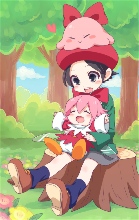 2girls :&gt; :d ^_^ adeleine arms_up bangs beret black_eyes black_hair blue_sky blue_socks blush blush_stickers bow brown_footwear bush chuchu_(kirby) closed_eyes closed_mouth cloud commentary_request day dress fairy fairy_wings flower full_body grass green_shirt grey_skirt hair_between_eyes hair_bow happy hat hone_(sky_cubes) kirby_(series) kirby_64 long_sleeves multiple_girls on_head open_mouth orange_footwear outdoors parted_bangs red_bow red_dress red_flower red_headwear ribbon_(kirby) shirt shoes short_hair sidelocks sitting sitting_on_tree_stump skirt sky smile socks teeth tree tree_stump upper_teeth_only wide_sleeves wings yellow_flower