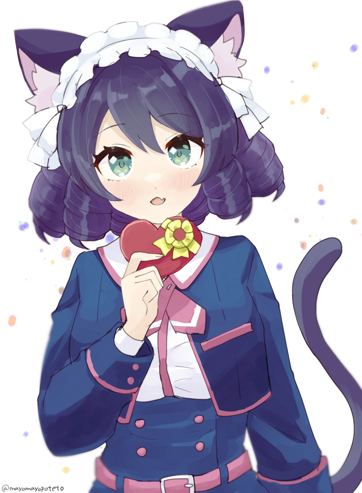 1girl animal_ear_fluff animal_ears belt black_hair blue_jacket blue_skirt blush box breasts cat_ears cat_girl cat_tail cropped_jacket cyan_(show_by_rock!!) drill_hair fang frilled_hairband frills gift gift_box green_eyes hairband hand_up happy_valentine heart-shaped_box high-waist_skirt highres holding holding_gift jacket long_sleeves looking_at_viewer open_mouth sangria_(sangria69) shirt short_hair show_by_rock!! skin_fang skirt small_breasts solo tail twitter_username upper_body valentine white_shirt