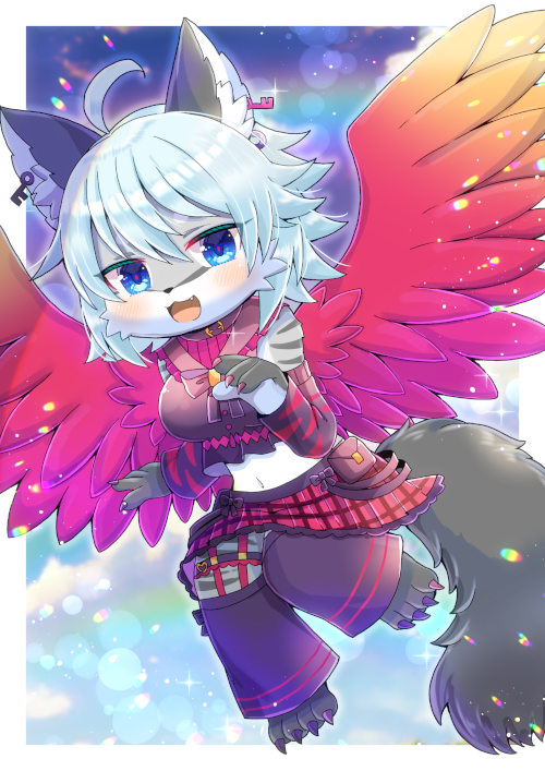 1girl :3 :d ahoge animal_ear_fluff animal_ears bangs black_pants black_sleeves blue_eyes blush breasts brown_shirt character_request commentary_request commission crop_top detached_sleeves fang feathered_wings full_body furry furry_female gradient_wings grey_hair hair_between_eyes kou_hiyoyo long_sleeves looking_at_viewer medium_breasts midriff multicolored_wings navel pants pants_under_skirt plaid plaid_skirt pleated_skirt red_skirt red_wings second_life shirt skeb_commission skirt sleeveless sleeveless_shirt smile solo tail wings yellow_wings