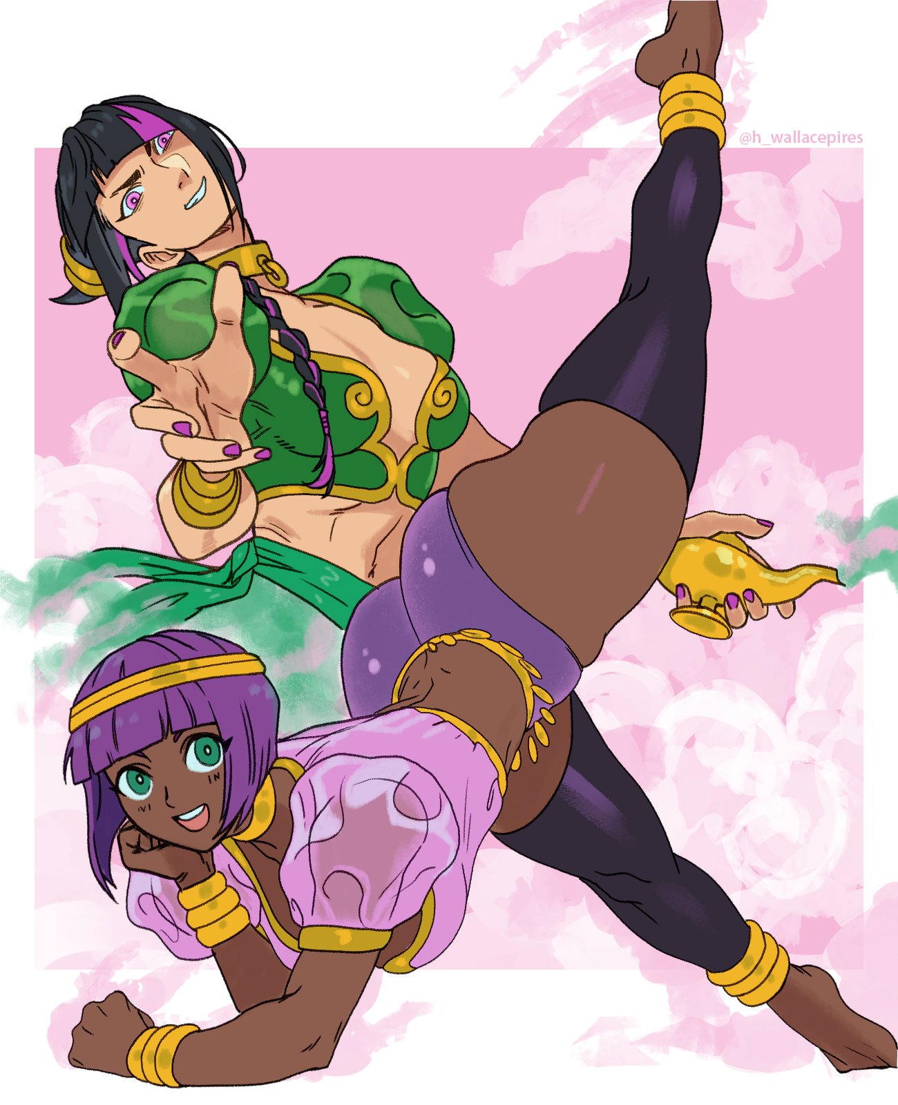 2girls ass breasts dark-skinned_female dark_skin feet fingernails green_eyes han_juri highres looking_at_viewer menat multiple_girls nail_polish pink_eyes purple_hair smile street_fighter teeth thighs toes wallace_pires